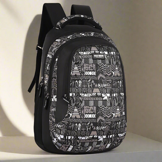 Black and gray patterned backpack